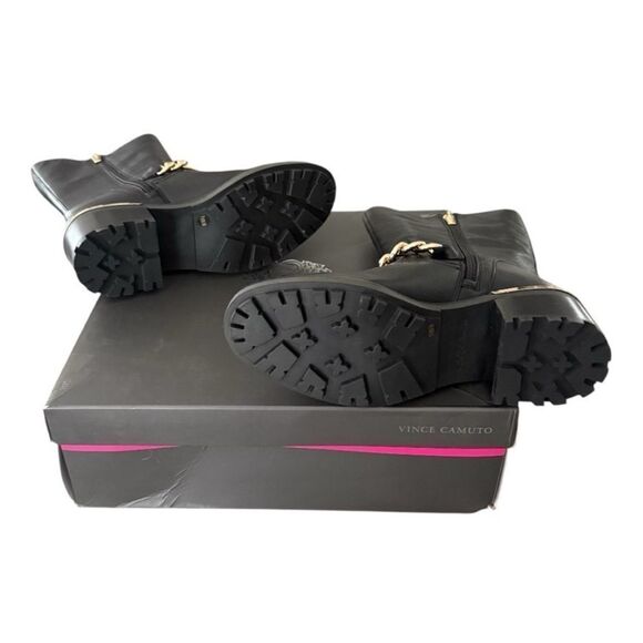 Vince Camuto Keshia Moto Black Butter Calf Leather Boots with Gold Chain - Picture 6 of 10